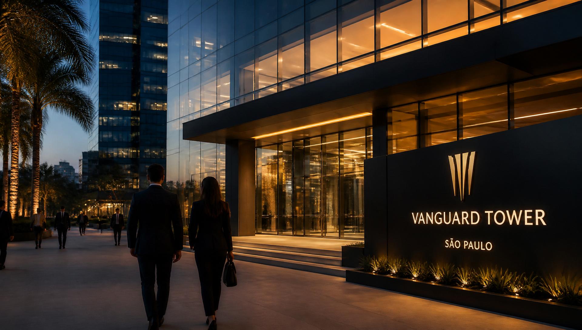 Edifício corporativo moderno ao entardecer