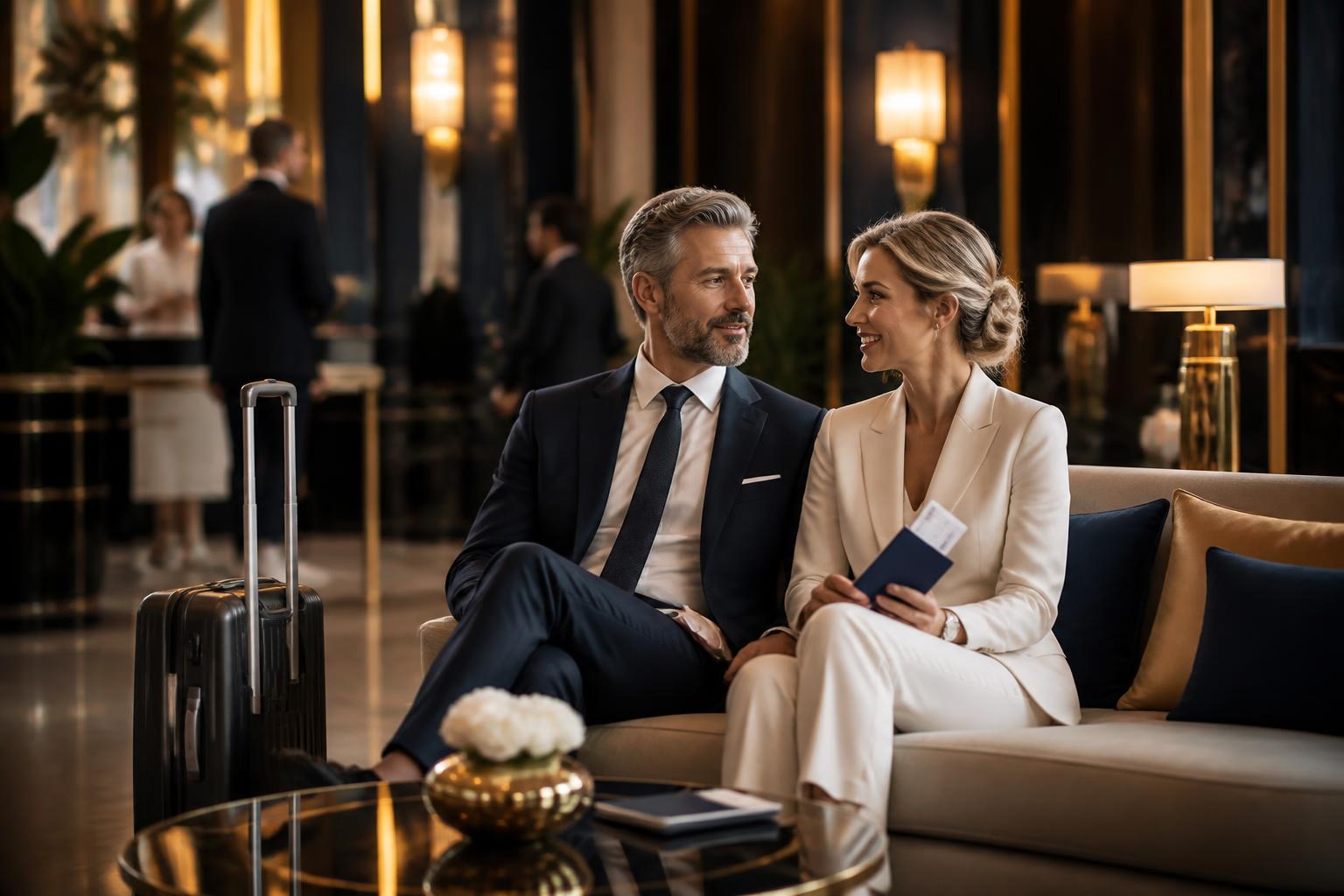 Casal elegante em ambiente de viagem de luxo